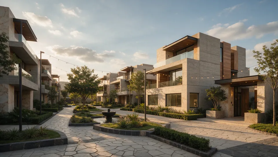 Visualización arquitectónica de un desarrollo residencial contemporáneo en preventa
